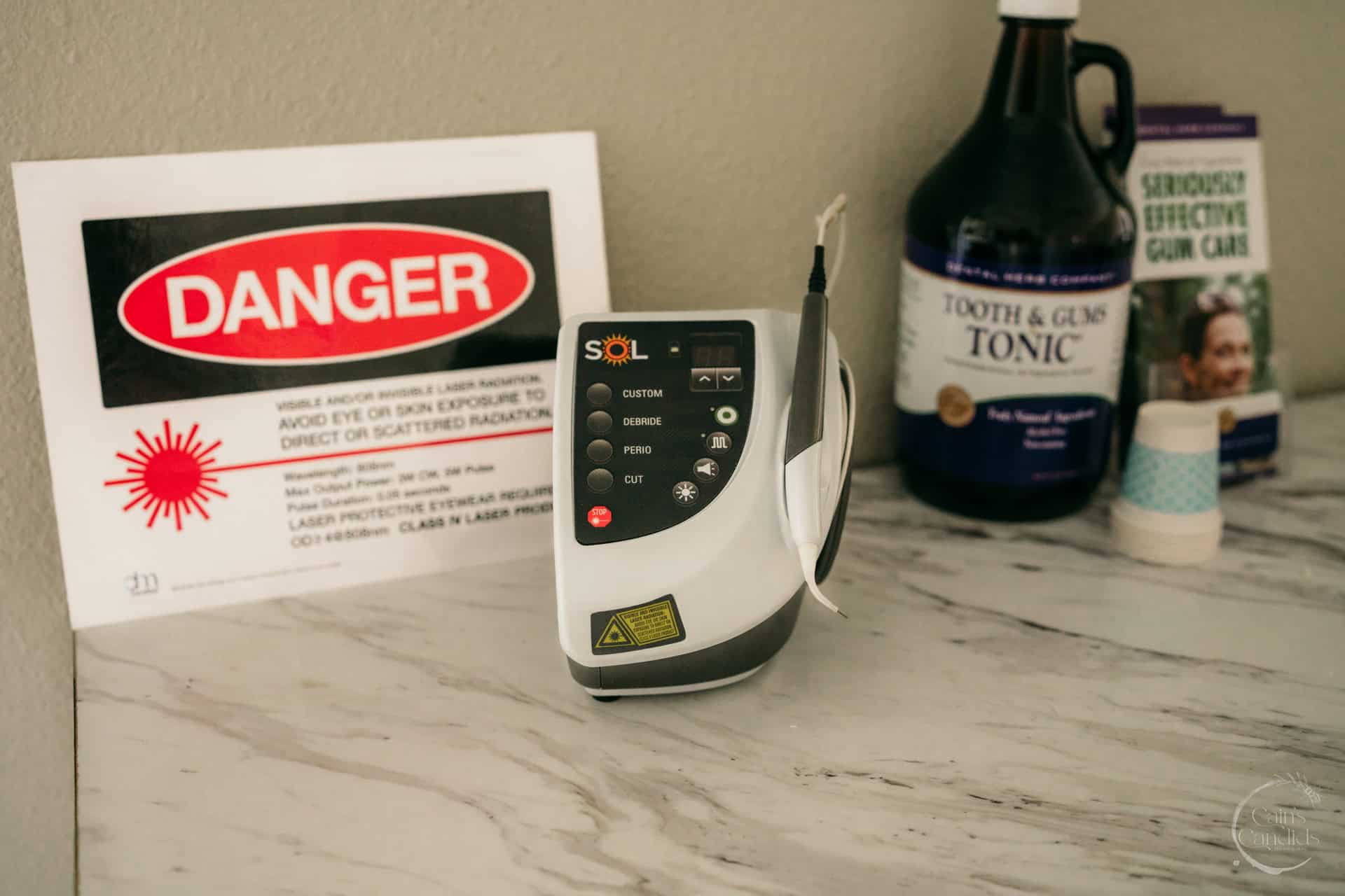 Dental hygiene products arranged in a clean dental office