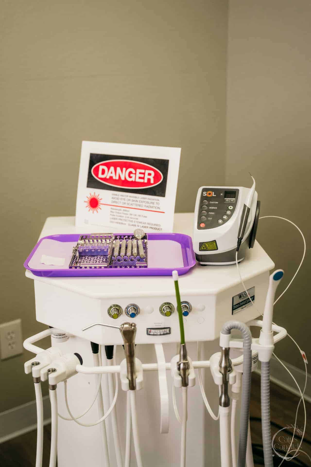 Protective gear and dental hygiene equipment in a clean dental setting